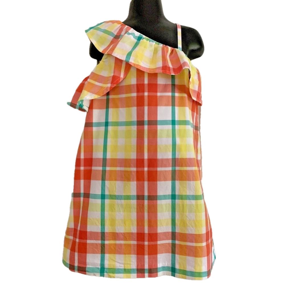 Janie and jack summer tropical orange plaid shoulder ruffle dress size 6 GUC